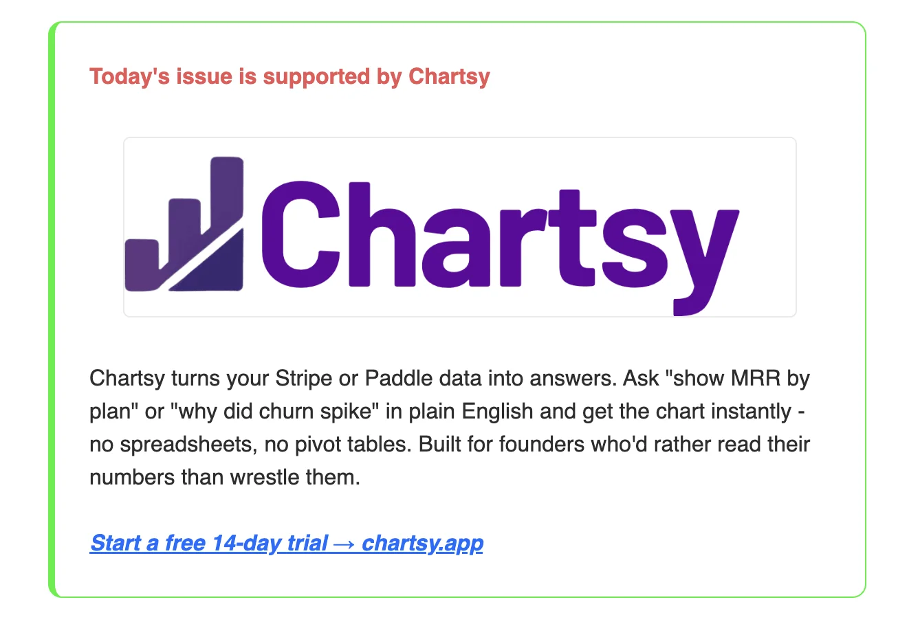Chartsy's sponsored placement in the hiPreneurs newsletter: a Chartsy logo banner, a short description, and a link to start a free 14-day trial